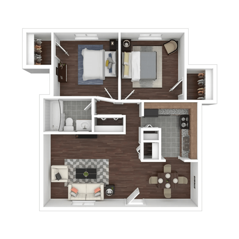 A top-down view of a small apartment layout with a kitchen, living room, and bedroom.
